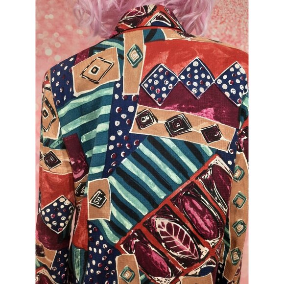 Vintage 80s Funky Tribal Print Oversized Blazer Womens Size M Rayon - Picture 11 of 12